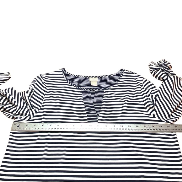CHICO’S Rayon Spandex Blend Navy White Stripe Tunic Roll Tab Sleeves US Sz L - Picture 5 of 10
